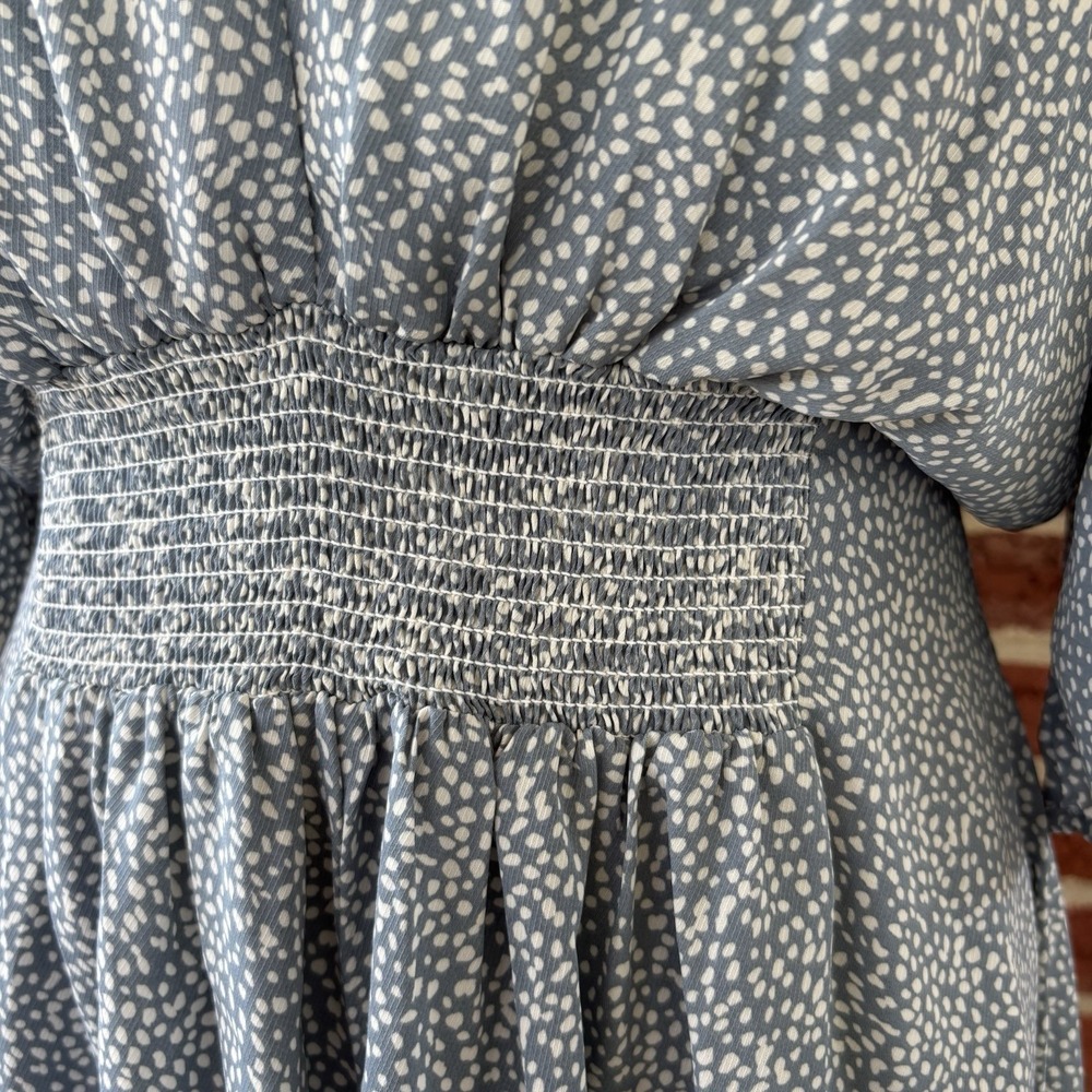 Promesa Smocked Dress Women's M Muted Blue White Dots Flowy Prairie Romantic - Picture 4 of 9